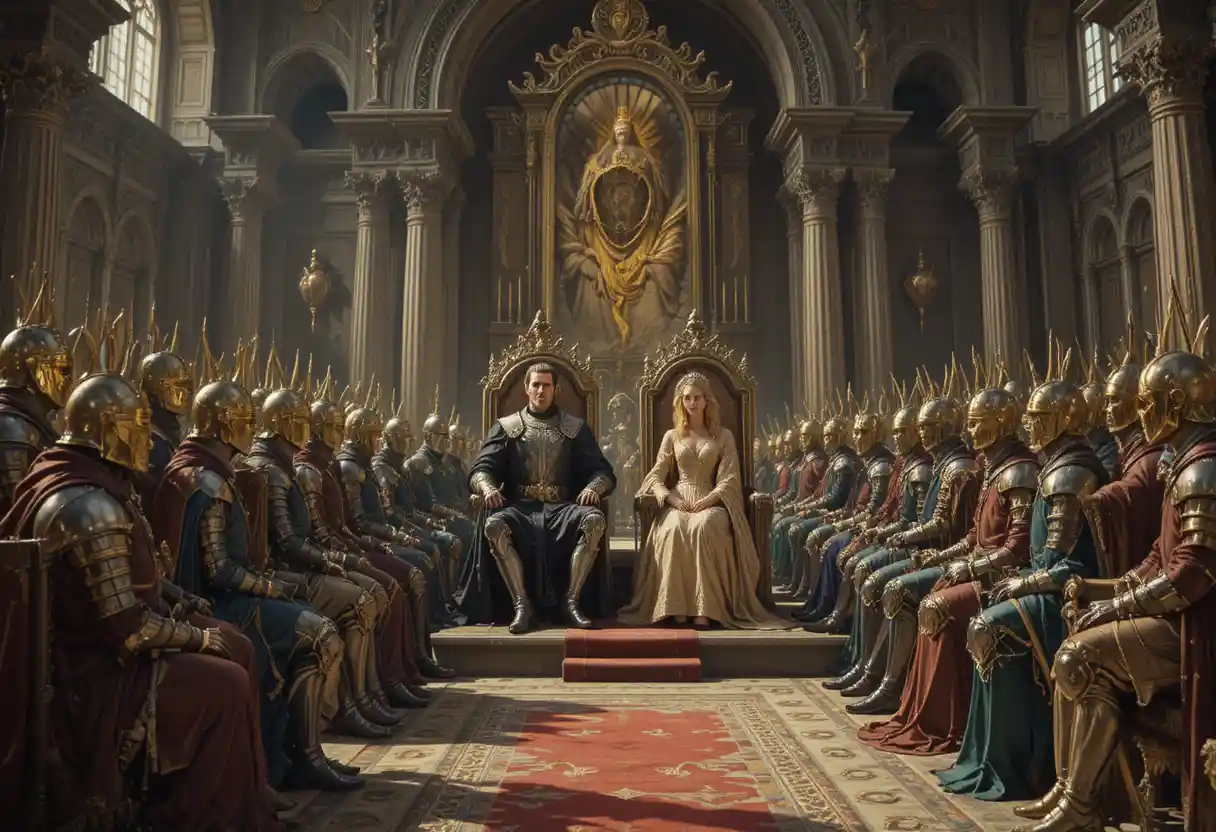 King Arthur and Guinevere on thrones in a grand court