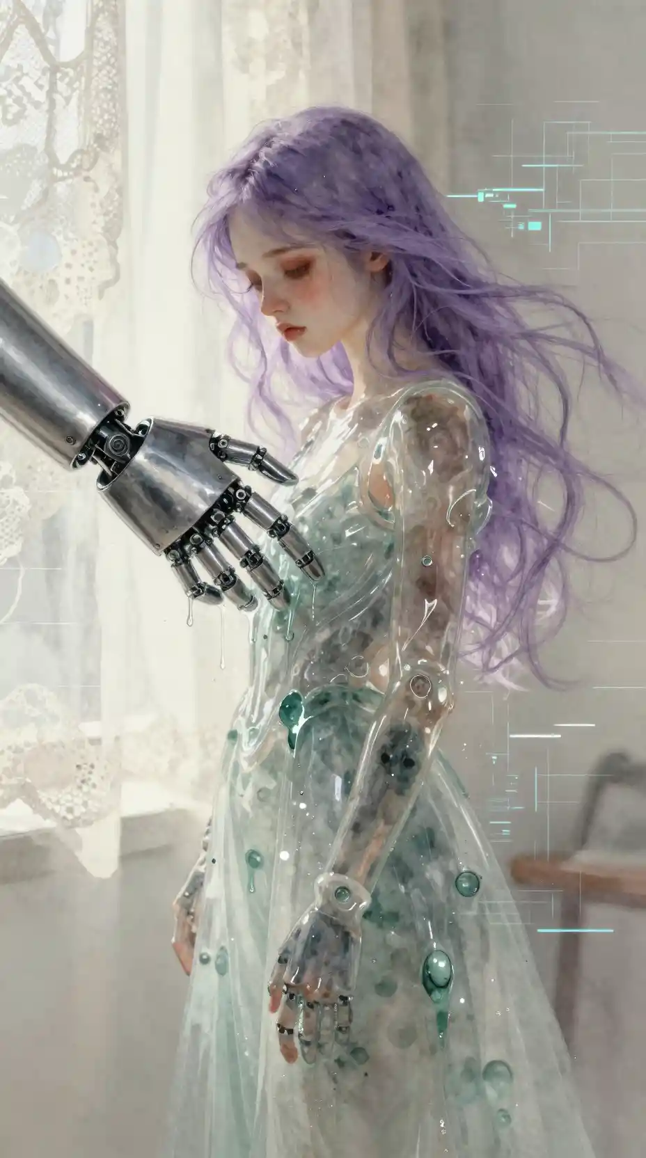 Ragazza ad acquerello che si solidifica in una figura di plastica lucida