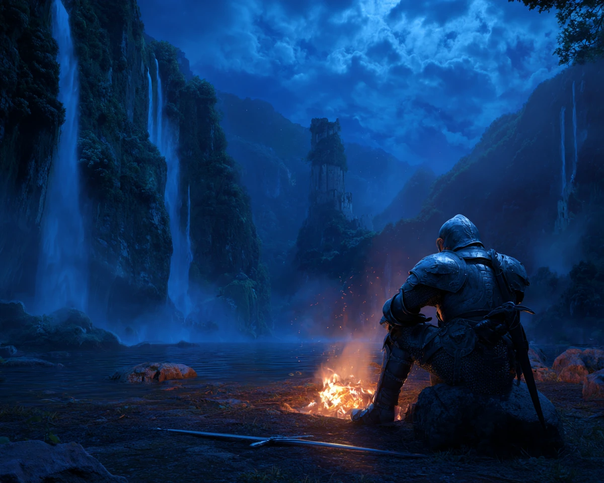 Weary black knight by a campfire in a vast fantasy valley