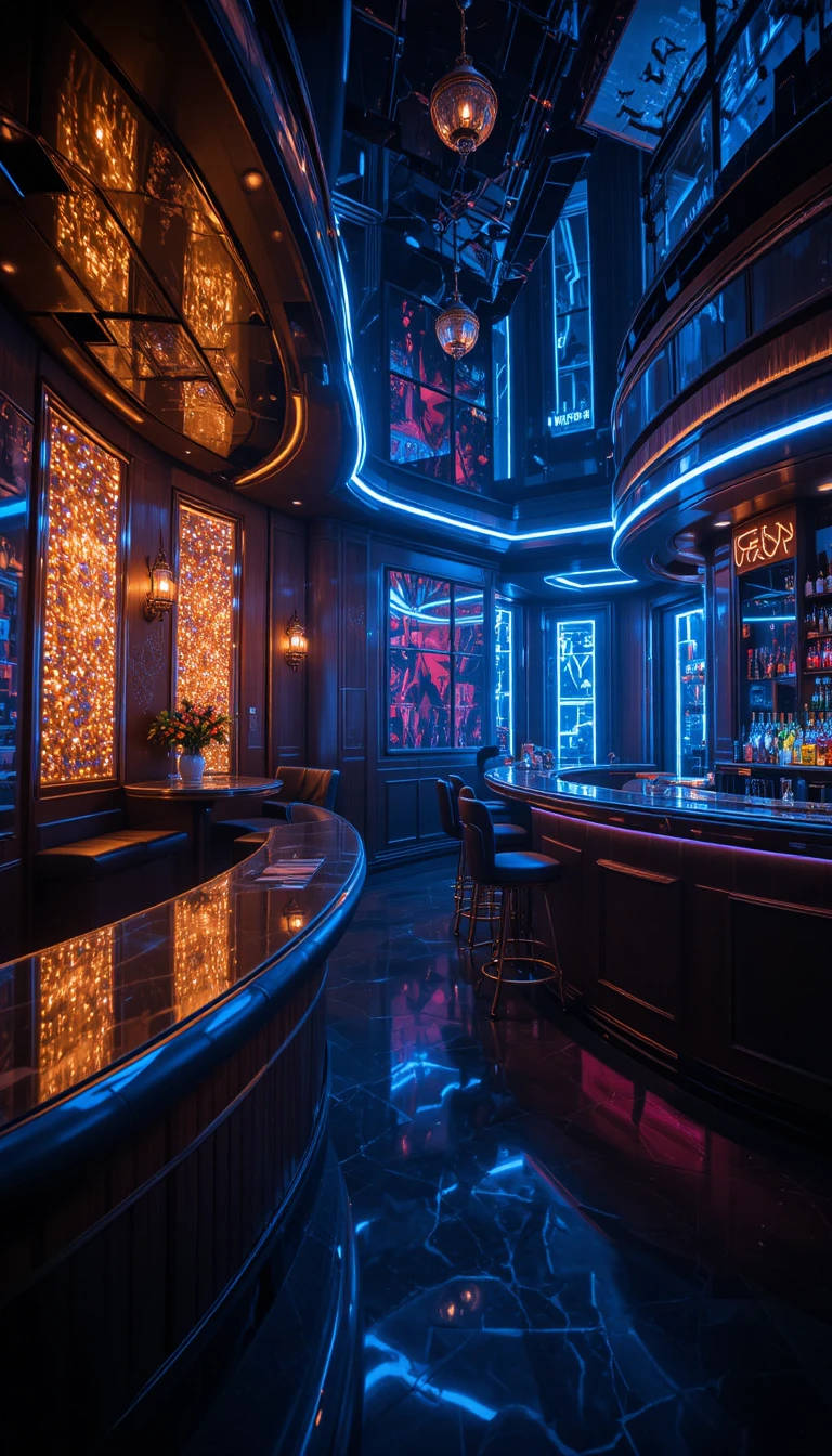 Luxurious modern nightclub interior glowing with warm lights