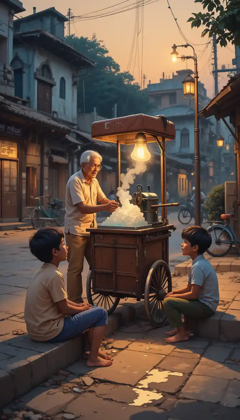 Nostalgico venditore ambulante indiano che serve gola a ragazzi a piedi nudi