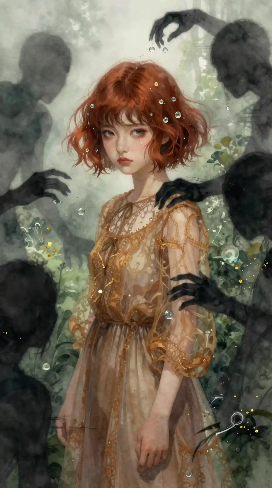 Defiant Japanese girl in a misty watercolor garden