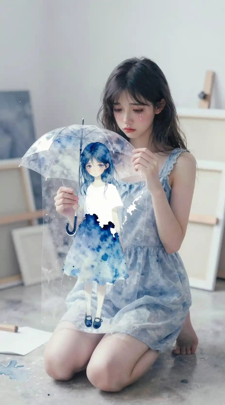 Ragazza in ginocchio che tiene in mano un'illustrazione ad acquerello strappata