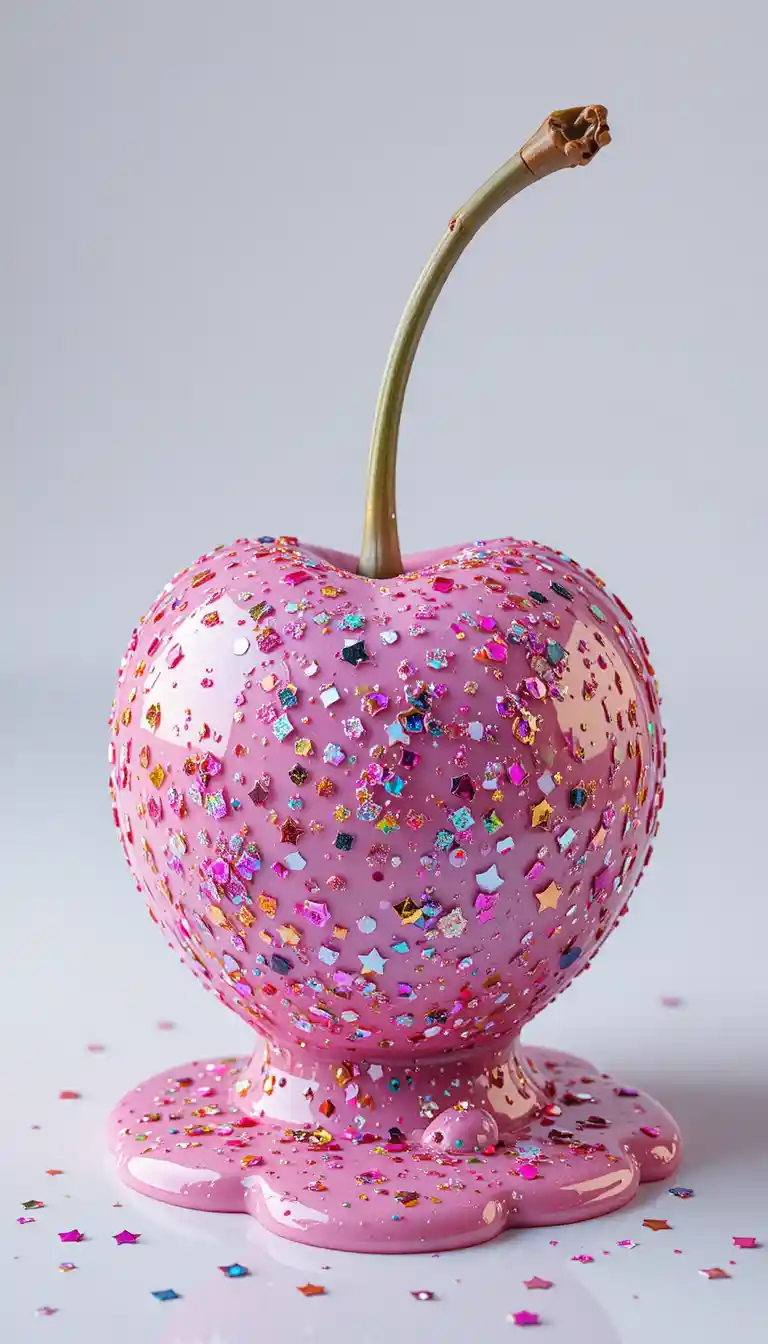 Scultura di caramella alla ciliegia lucida con glitter su sfondo bianco