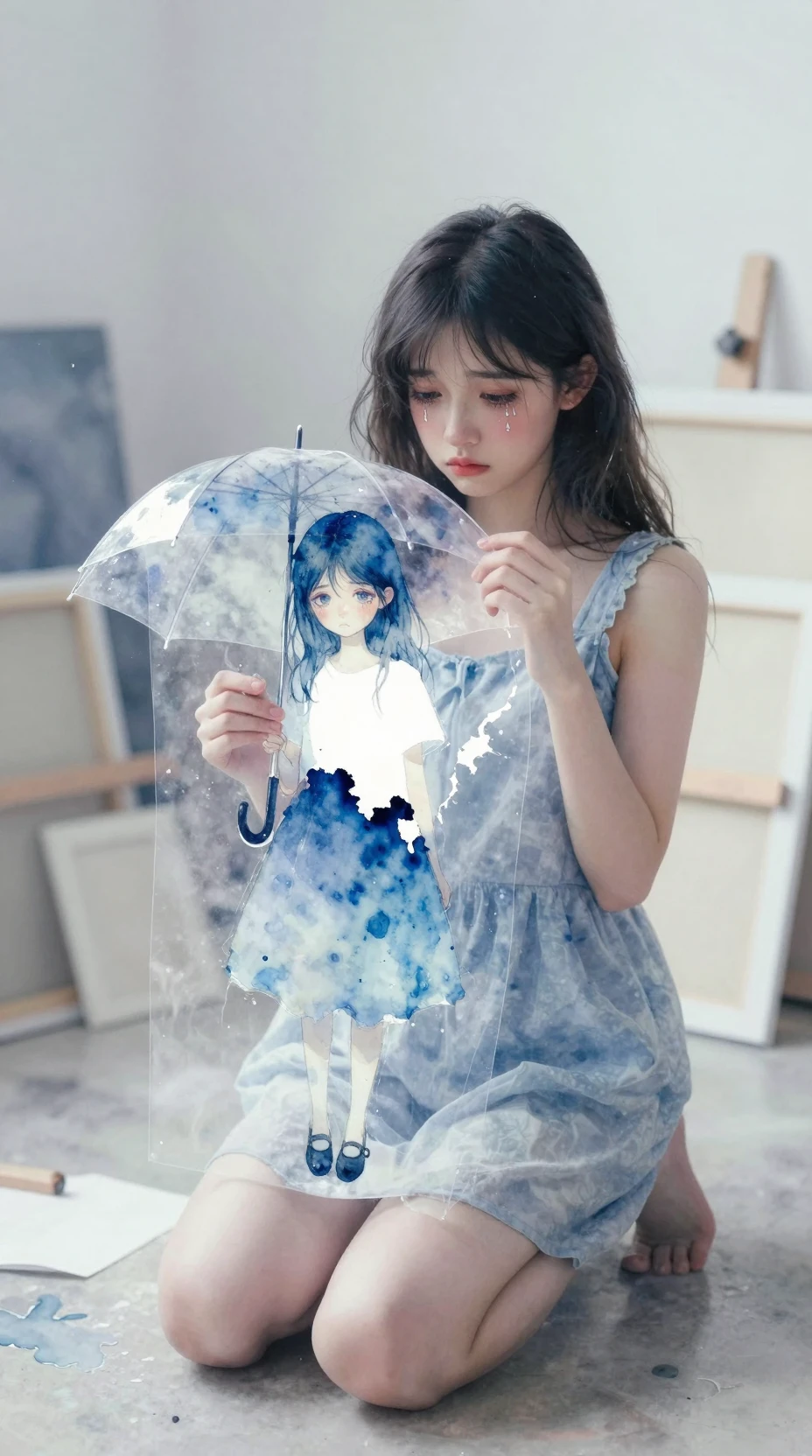 Ragazza in ginocchio che tiene in mano un'illustrazione ad acquerello strappata