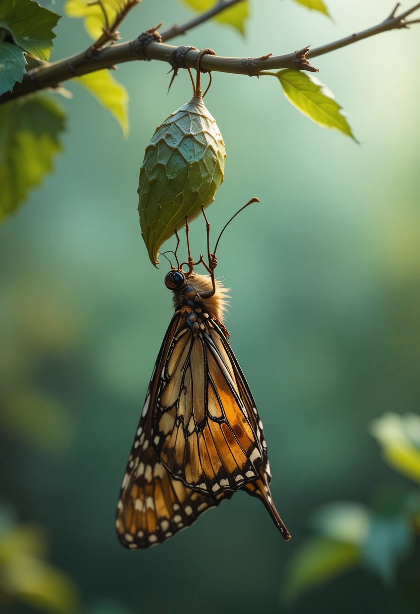 Schmetterling, der in sanfter Natur aus dem Kokon am Ast schlüpft