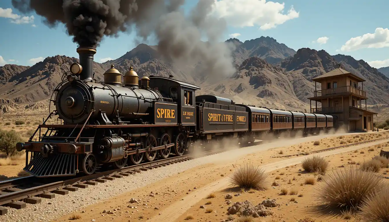 Treno a vapore d’epoca che attraversa una ferrovia desertica polverosa