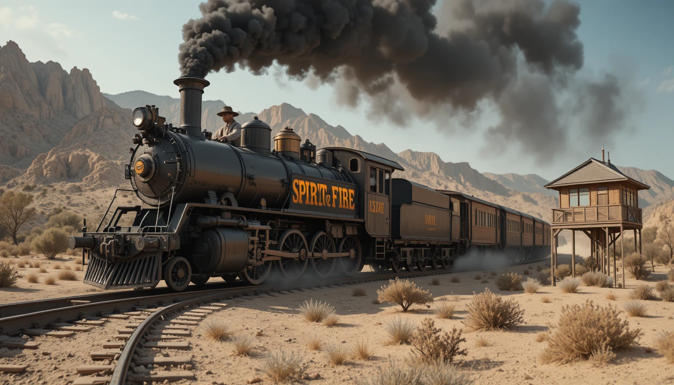 Vintage steam train crossing a dusty desert railway