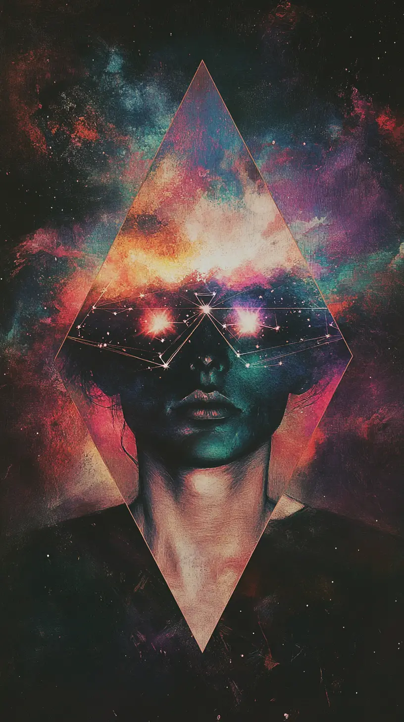 Figura enmascarada en composición triangular oscura