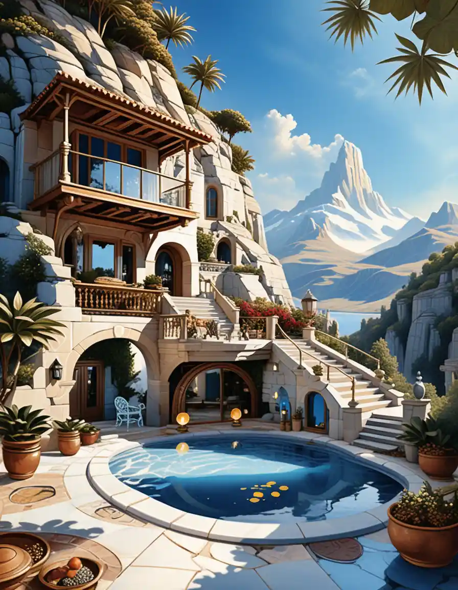 Luxury cave house in a lush fantasy mountain landscape