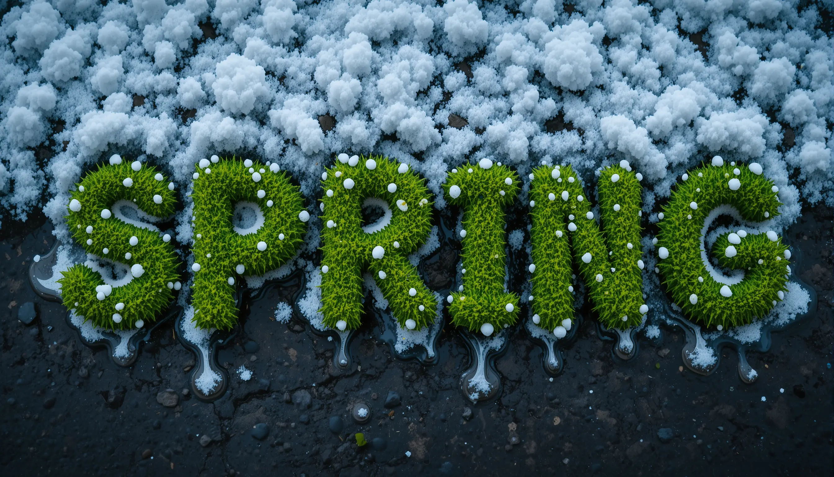 Primer plano de la palabra primavera en ruso bajo la nieve derretida