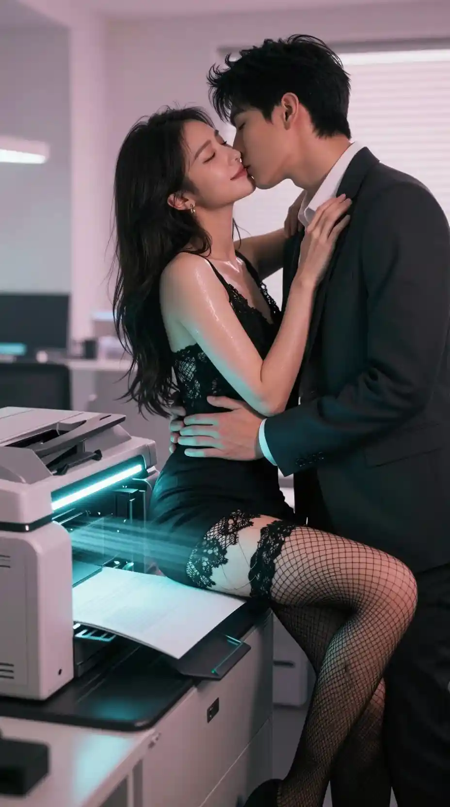 Pastel cinematic scene of a young woman on a copier