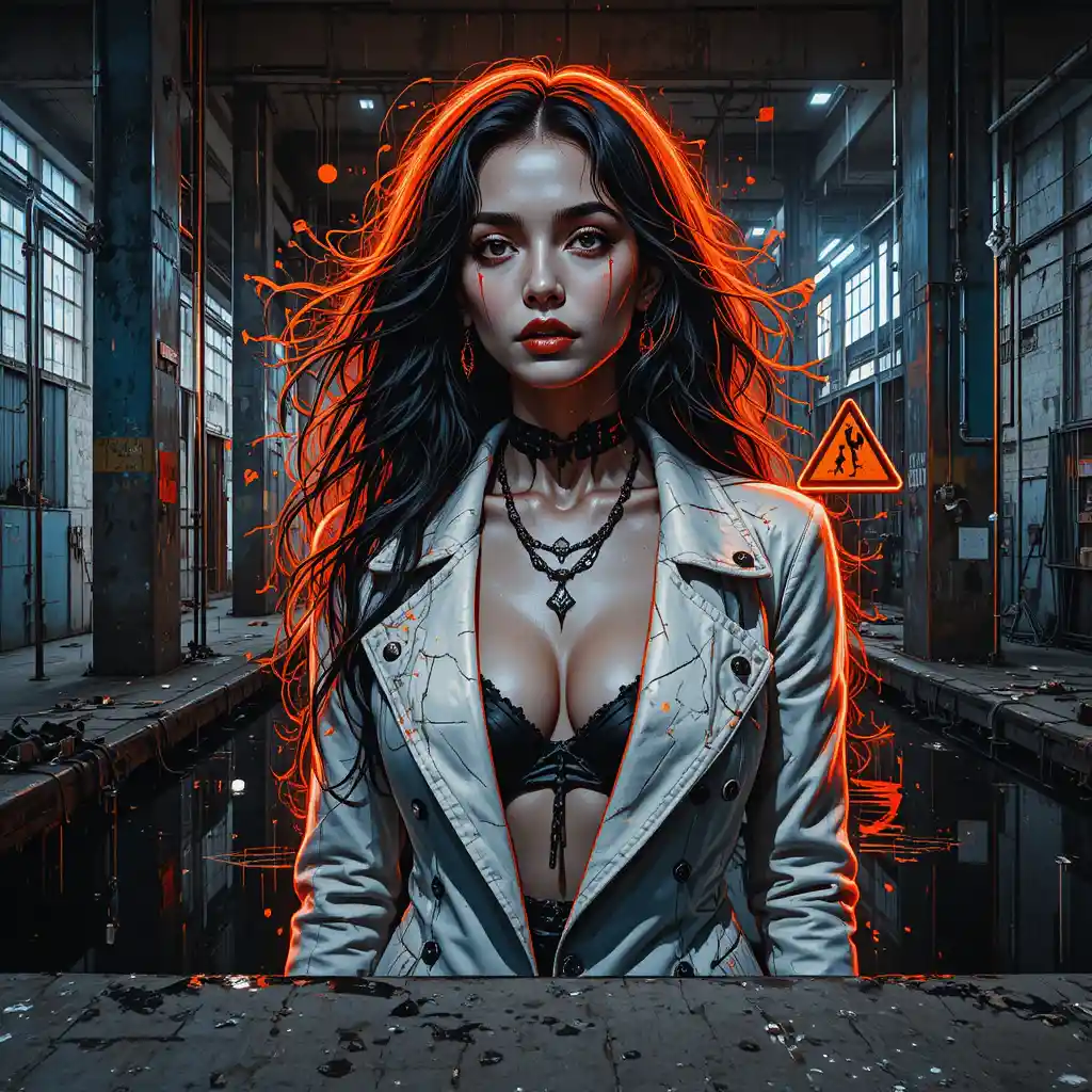 Ritratto murale glitch di una donna tra rovine industriali