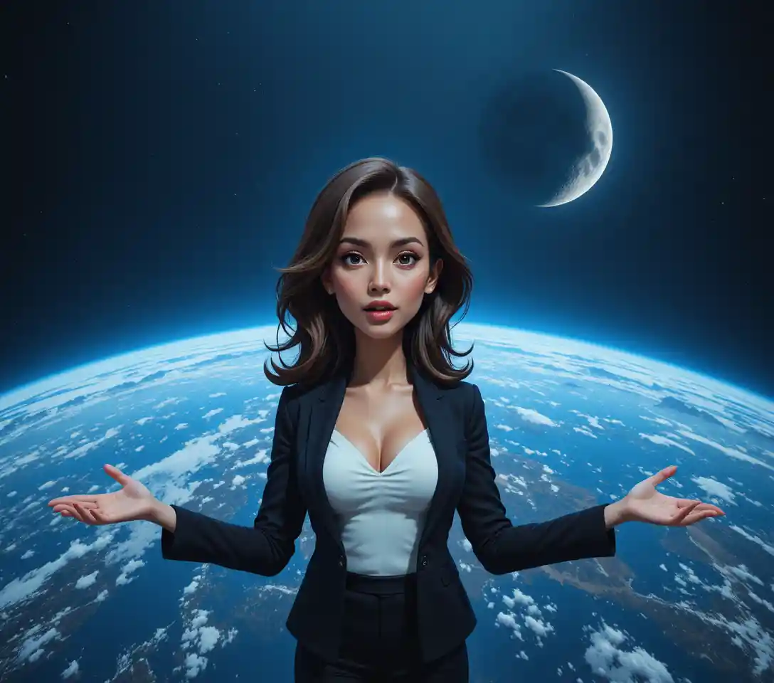 Confident young woman speaking before a cosmic earth backdrop