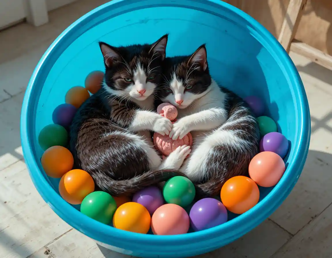 Gatinhos pretos e brancos dormindo enroscados em uma tigela azul