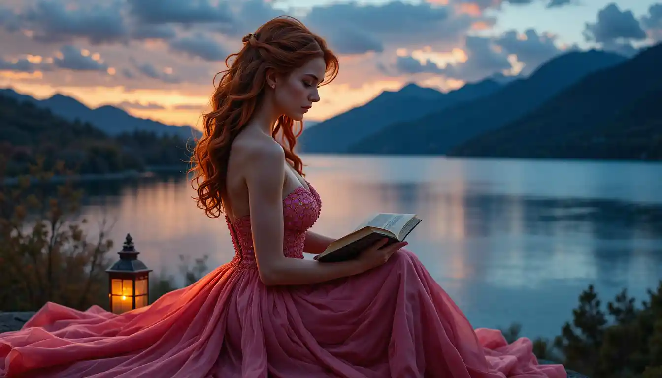 Elegant red haired woman reading by a tranquil lakeside