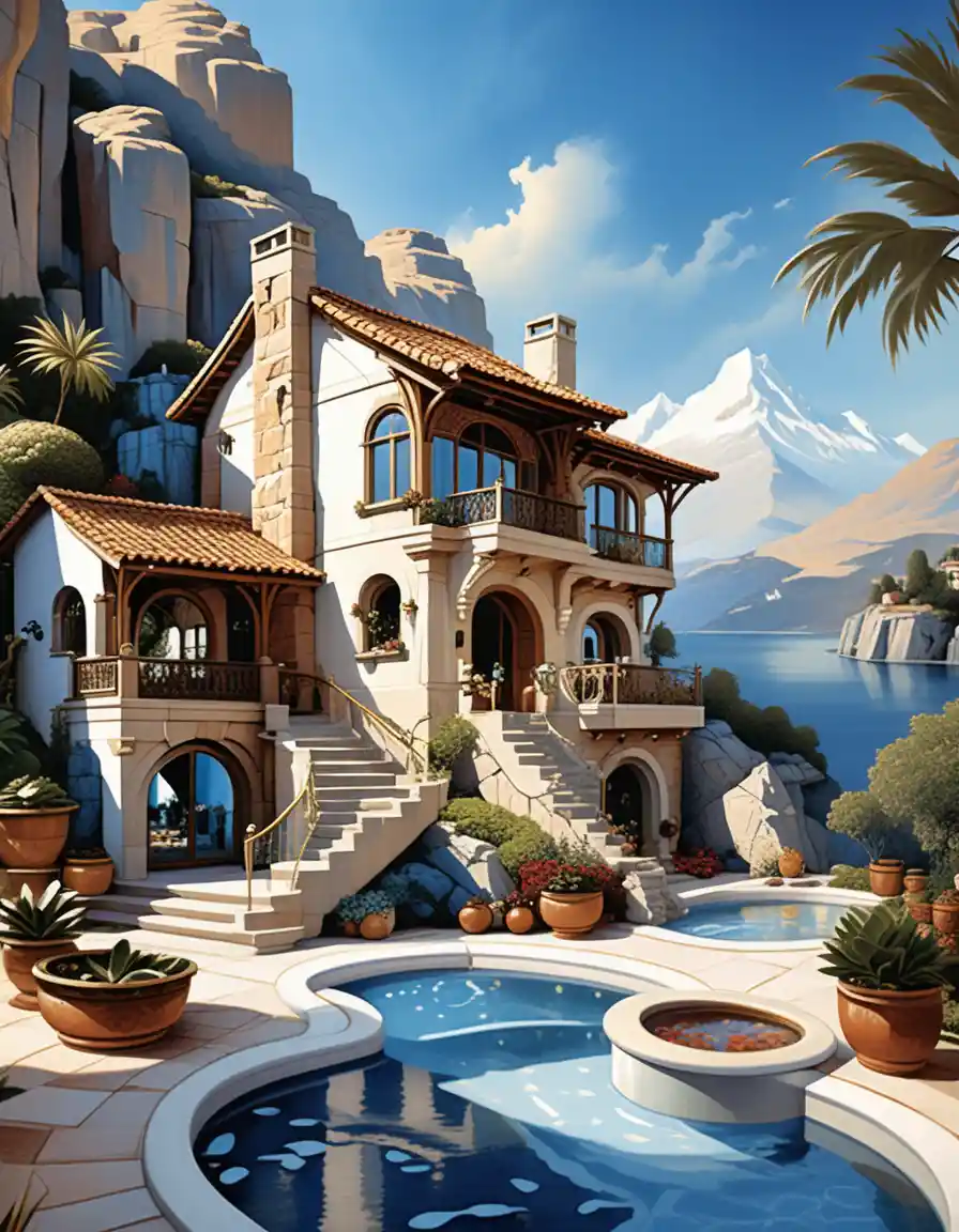 Luxury cave house in a fantastical mountain landscape
