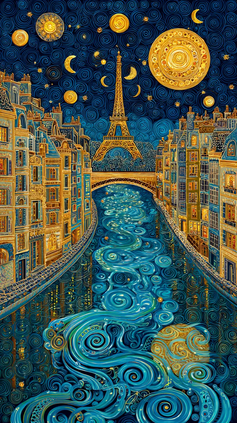 Symbolistische Pariser Nachtlandschaft mit goldener Seine und filigranem Turm