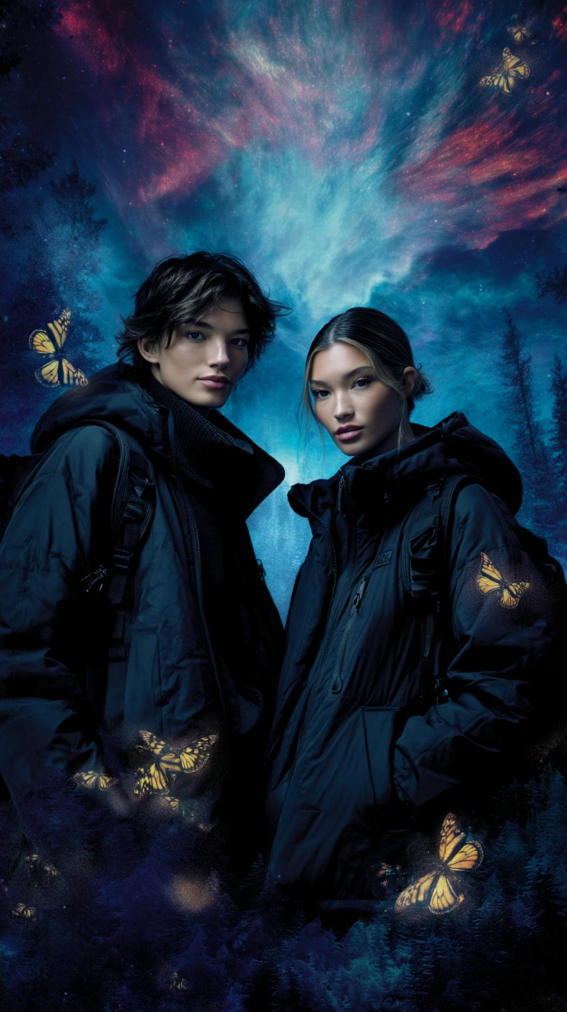 Androgynous models in puffer coats in a snowy forest