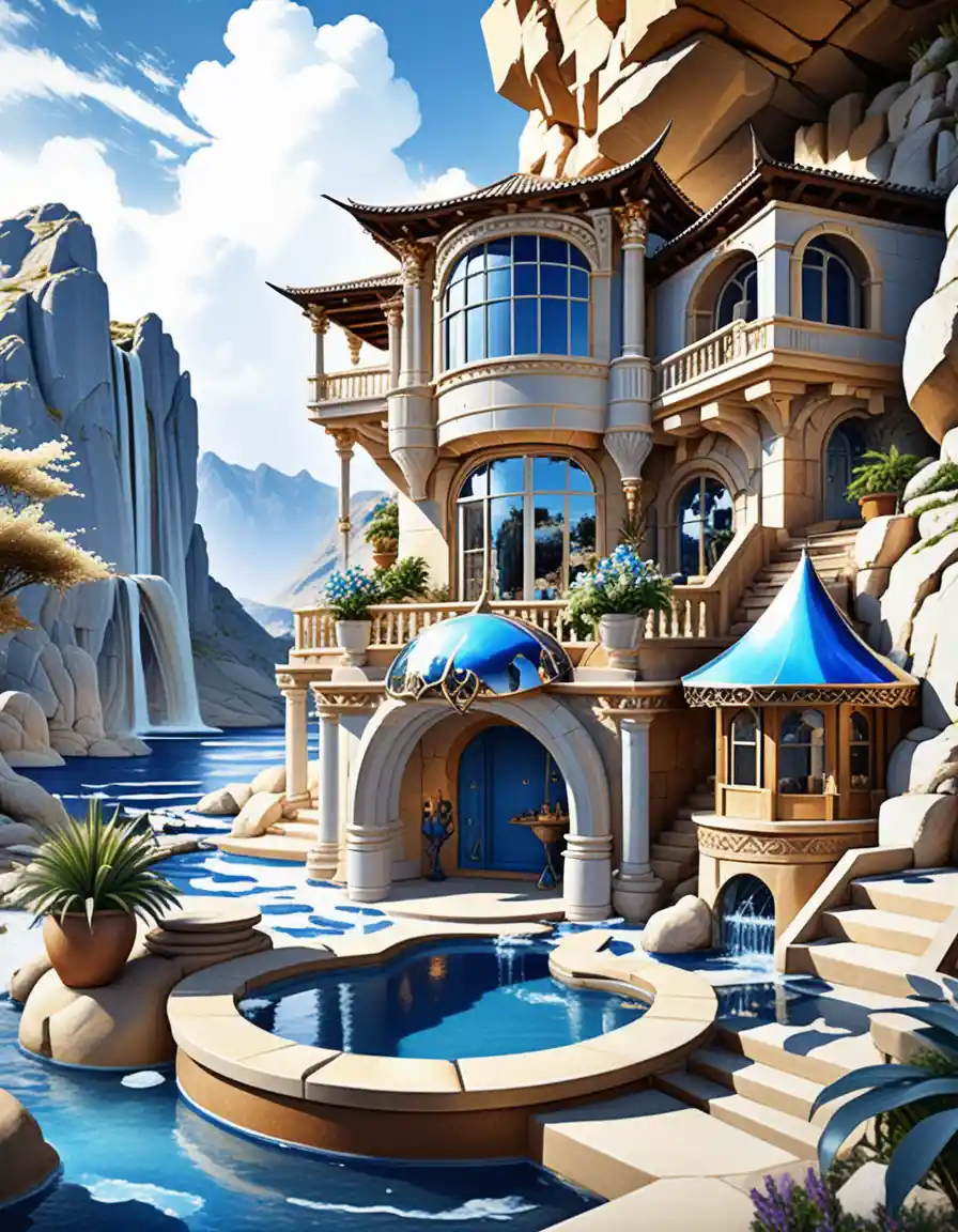 Casa grotta di lusso in un rigoglioso paesaggio montano fantastico