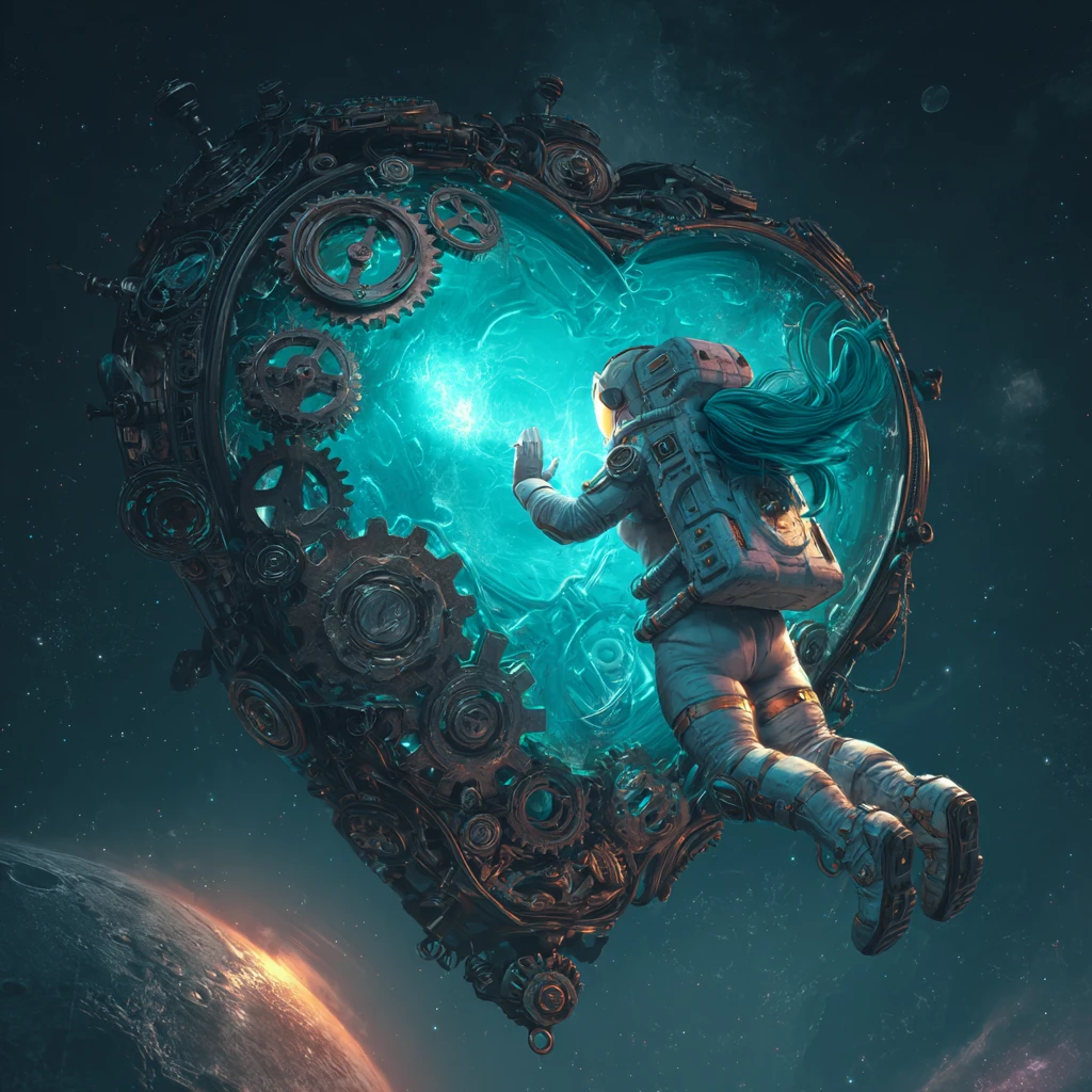 宇宙中伸手觸及巨大蒸汽龐克心臟的太空人