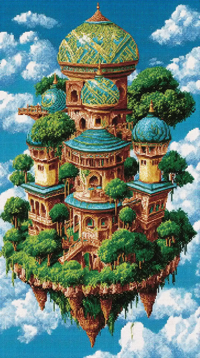 Vast floating oriental city drifting high above the clouds