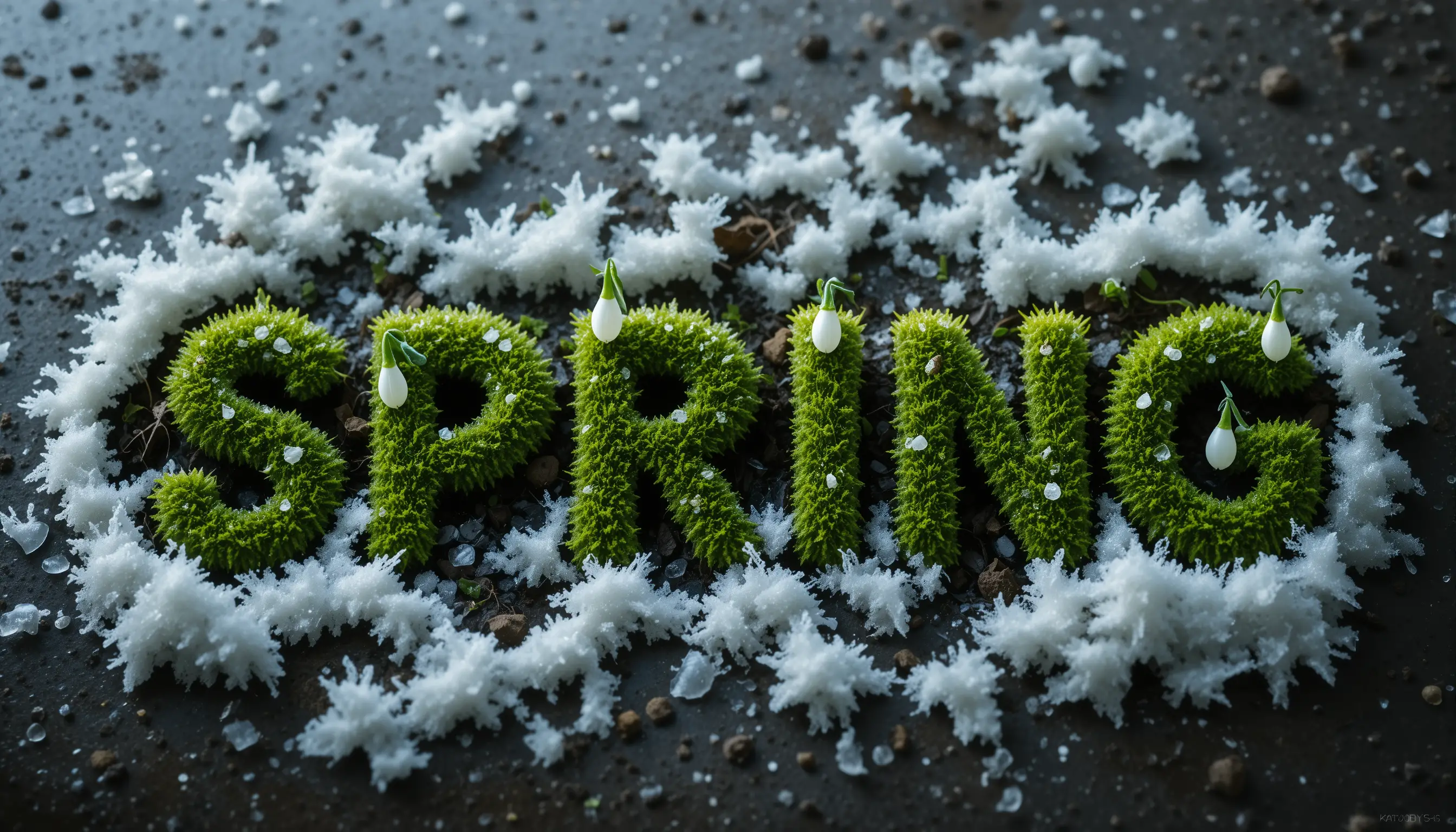 Thawing snow reveals moss letters and white spring flowers