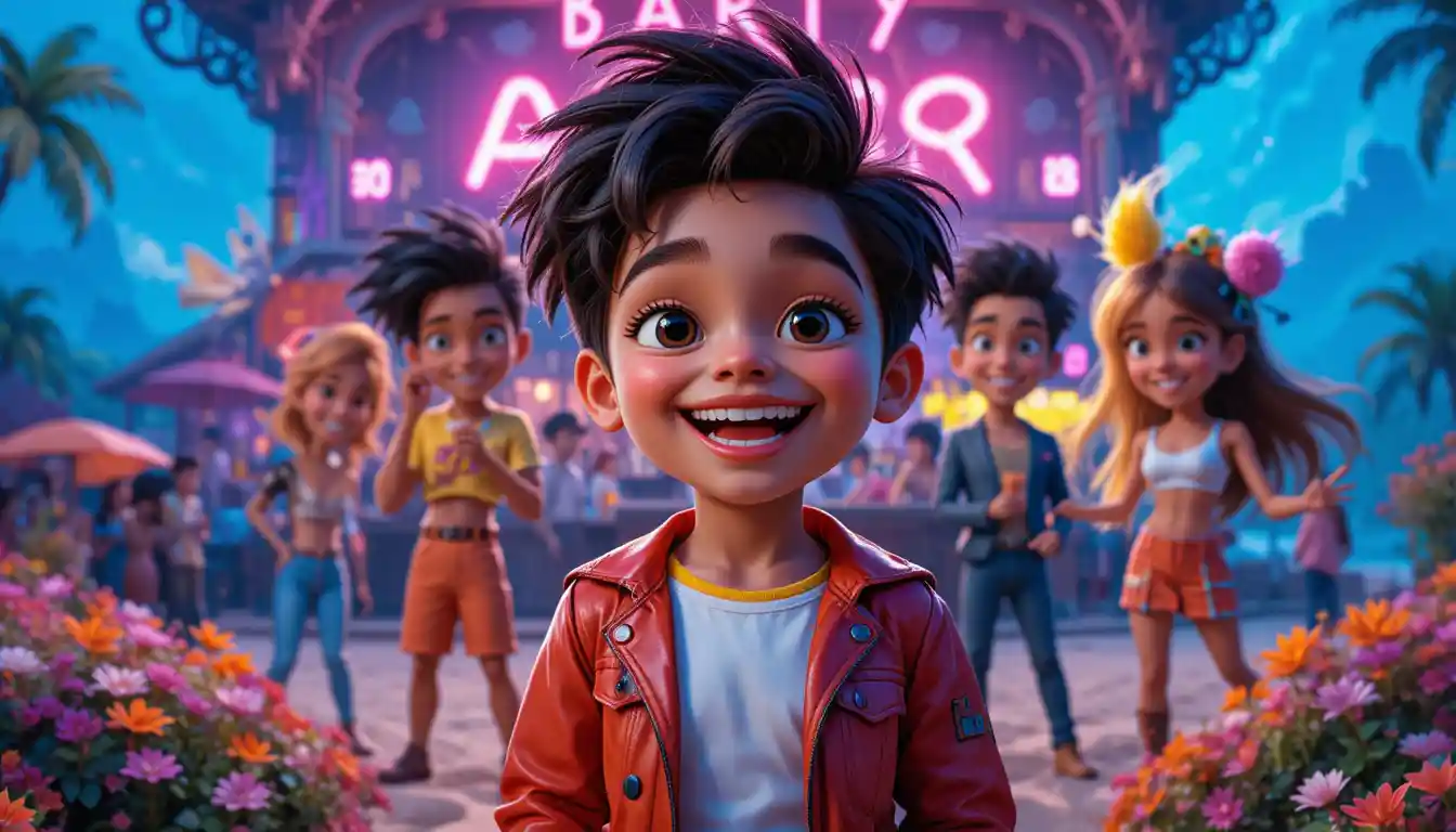 Cheerful child in neon cartoon scene outside busy nightclub