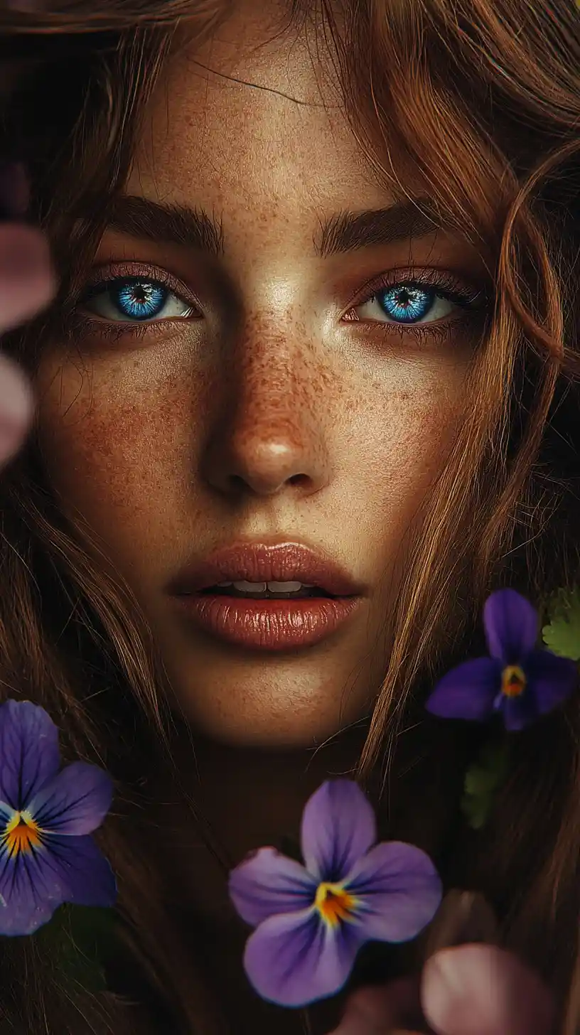 Retrato surreal de mulher com heterocromia e violetas-africanas