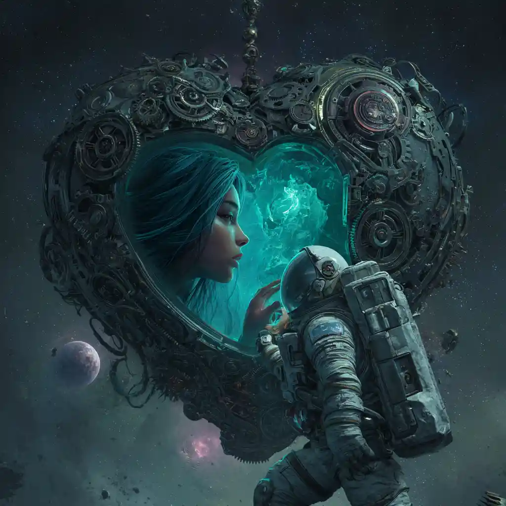 Astronauta che afferra un cuore steampunk nel buio spazio cosmico