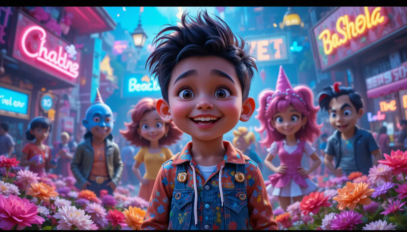 Joyful child in neon cartoon scene outside busy nightclub