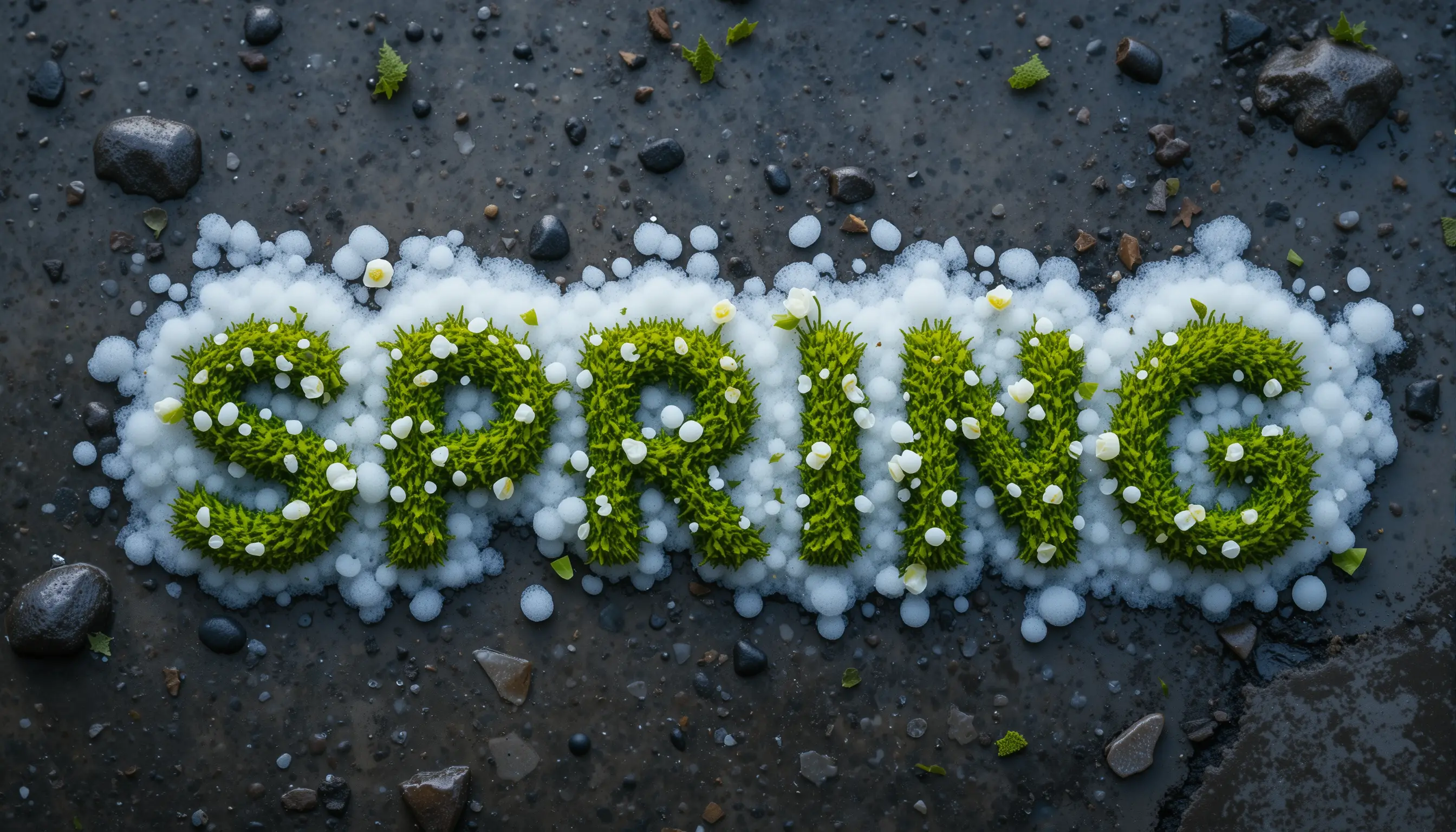 Primer plano de la palabra primavera en musgo y campanillas de nieve
