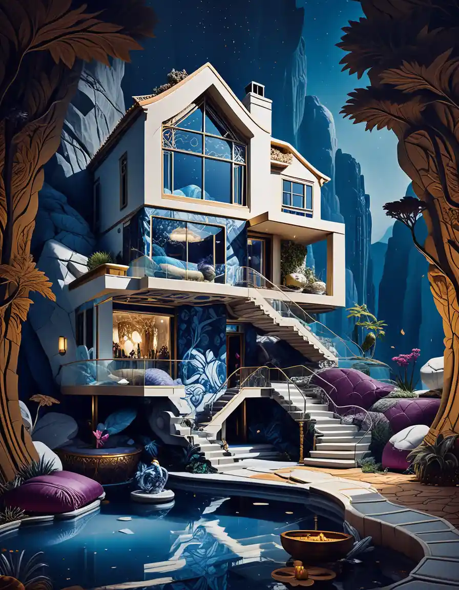 Lussuosa casa grotta in un rigoglioso paesaggio montano fantasy