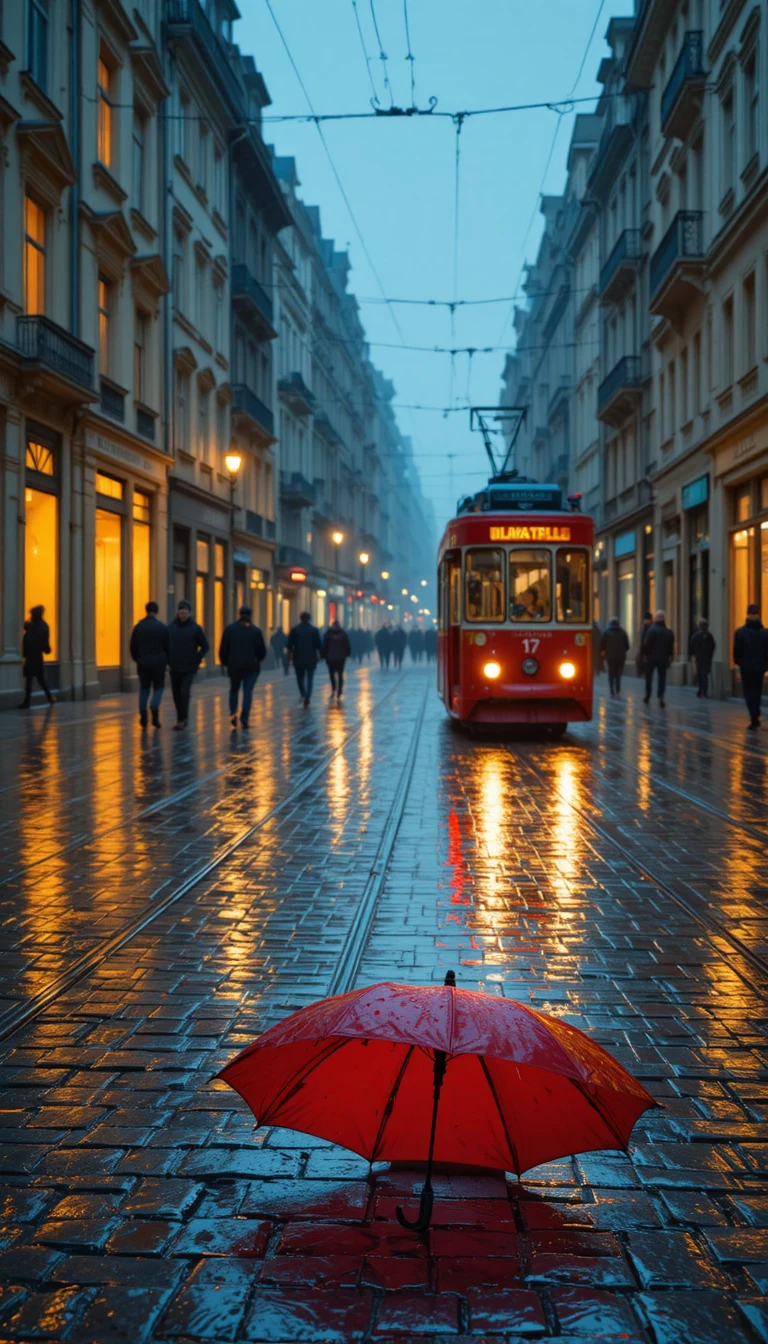 Rote Straßenbahn überquert eine regennasse europäische Kopfsteinpflasterstraße