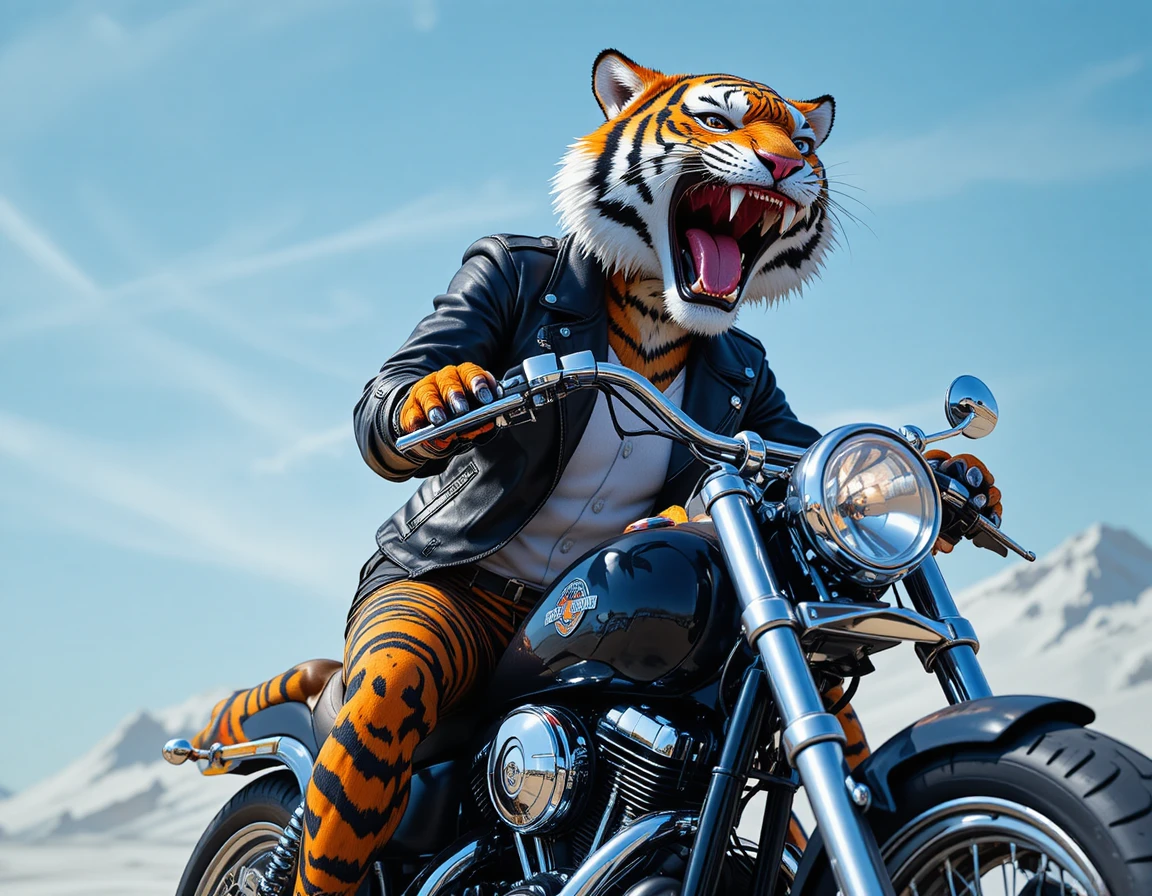 レトロバイクに乗る擬人化トラの鮮やかな3Dアート