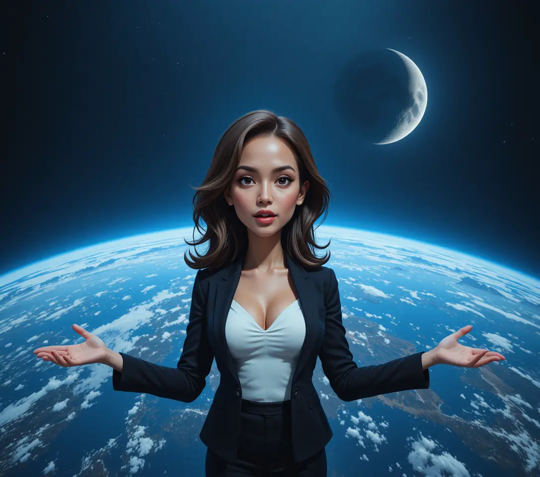 Confident young woman speaking before a cosmic earth backdrop