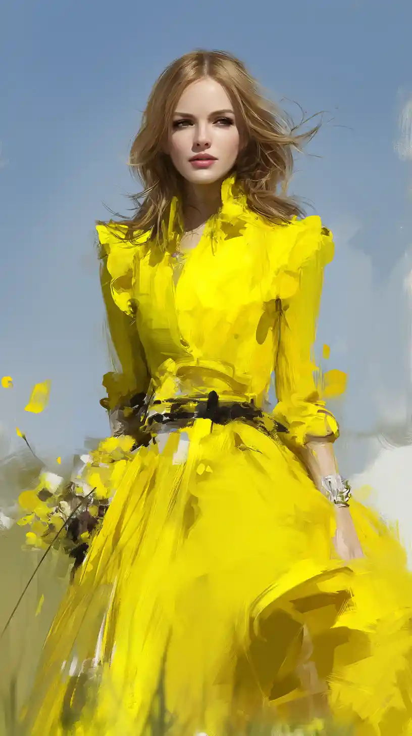 Fantasy woman walking through a windy field in soft colors