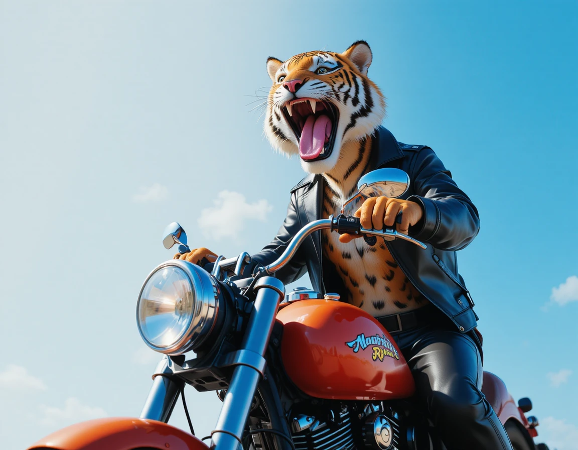 ヴィンテージバイクに乗る擬人化トラのダイナミック3Dアート