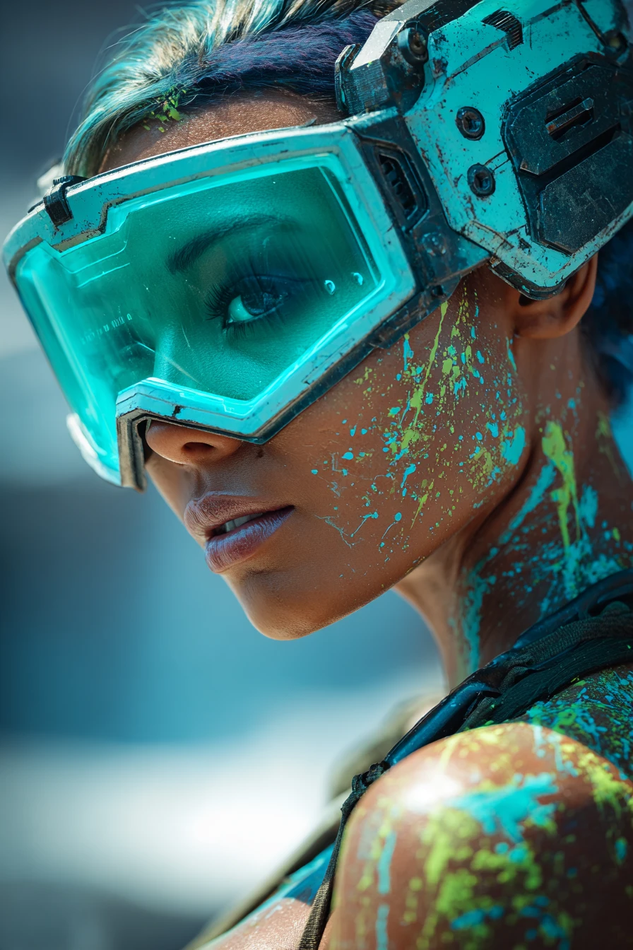 Cyberpunk woman with robotic face and mint tech visor