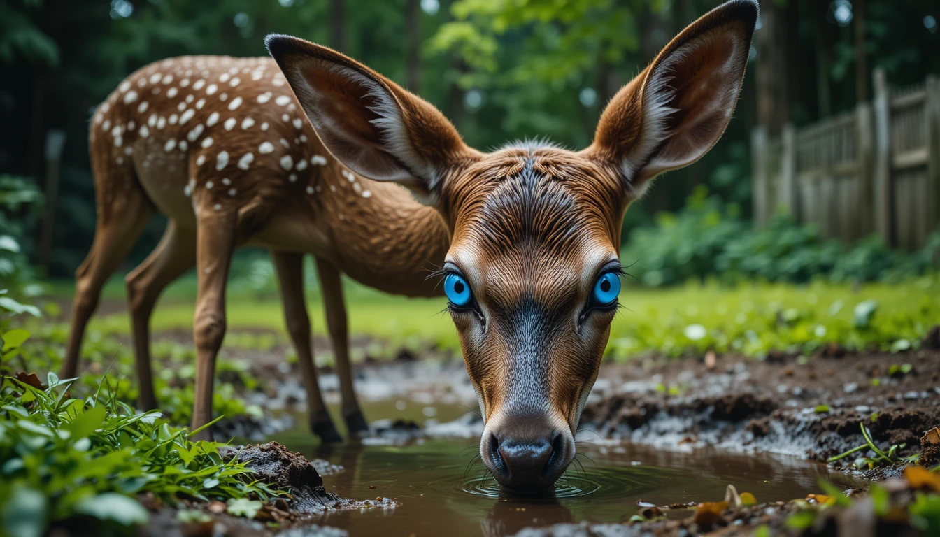 Junger Sikahirsch, der an einer schlammigen Waldpfütze grast