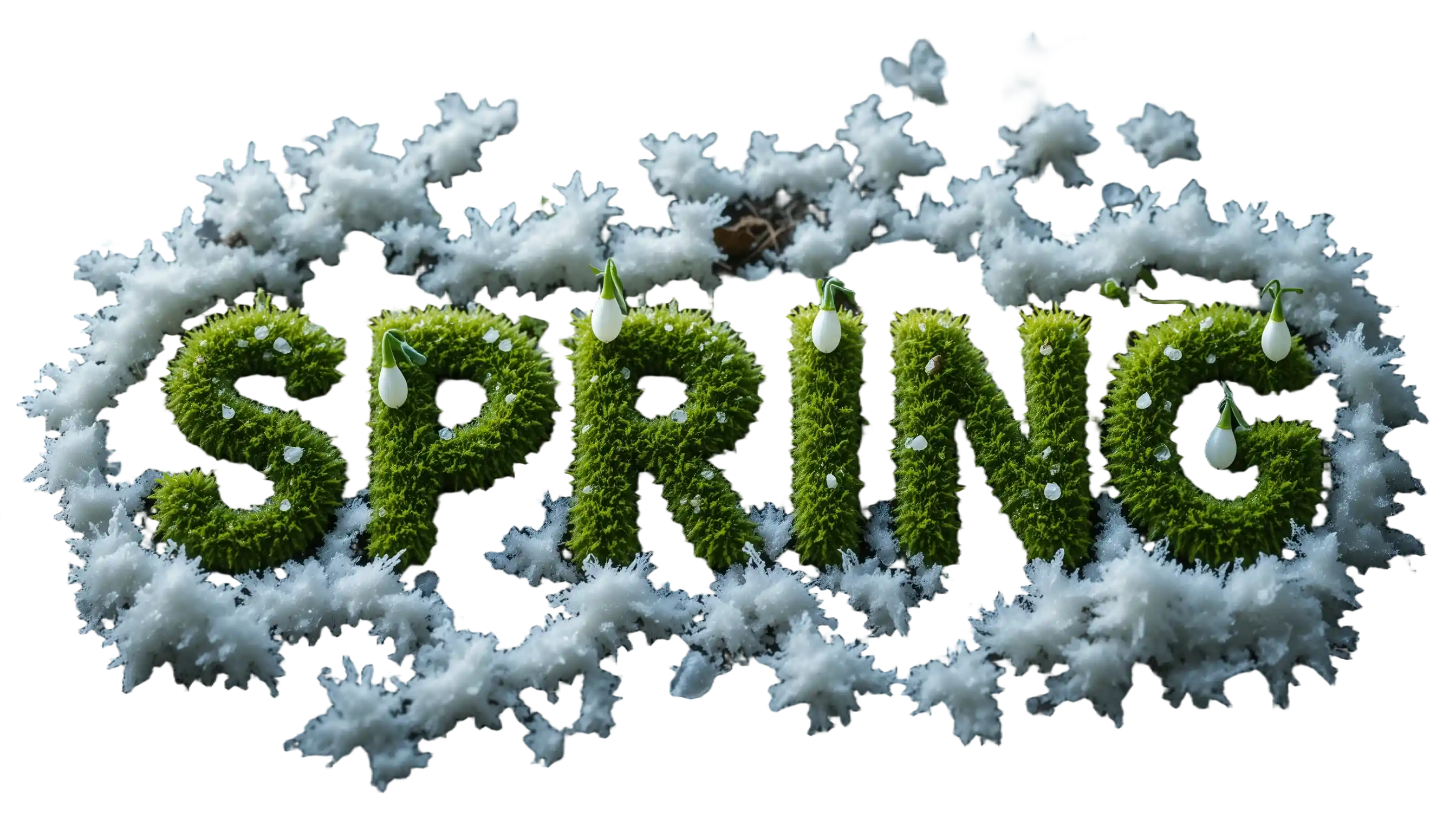 Lettere cirilliche primaverili muschiose che emergono dalla neve in scioglimento