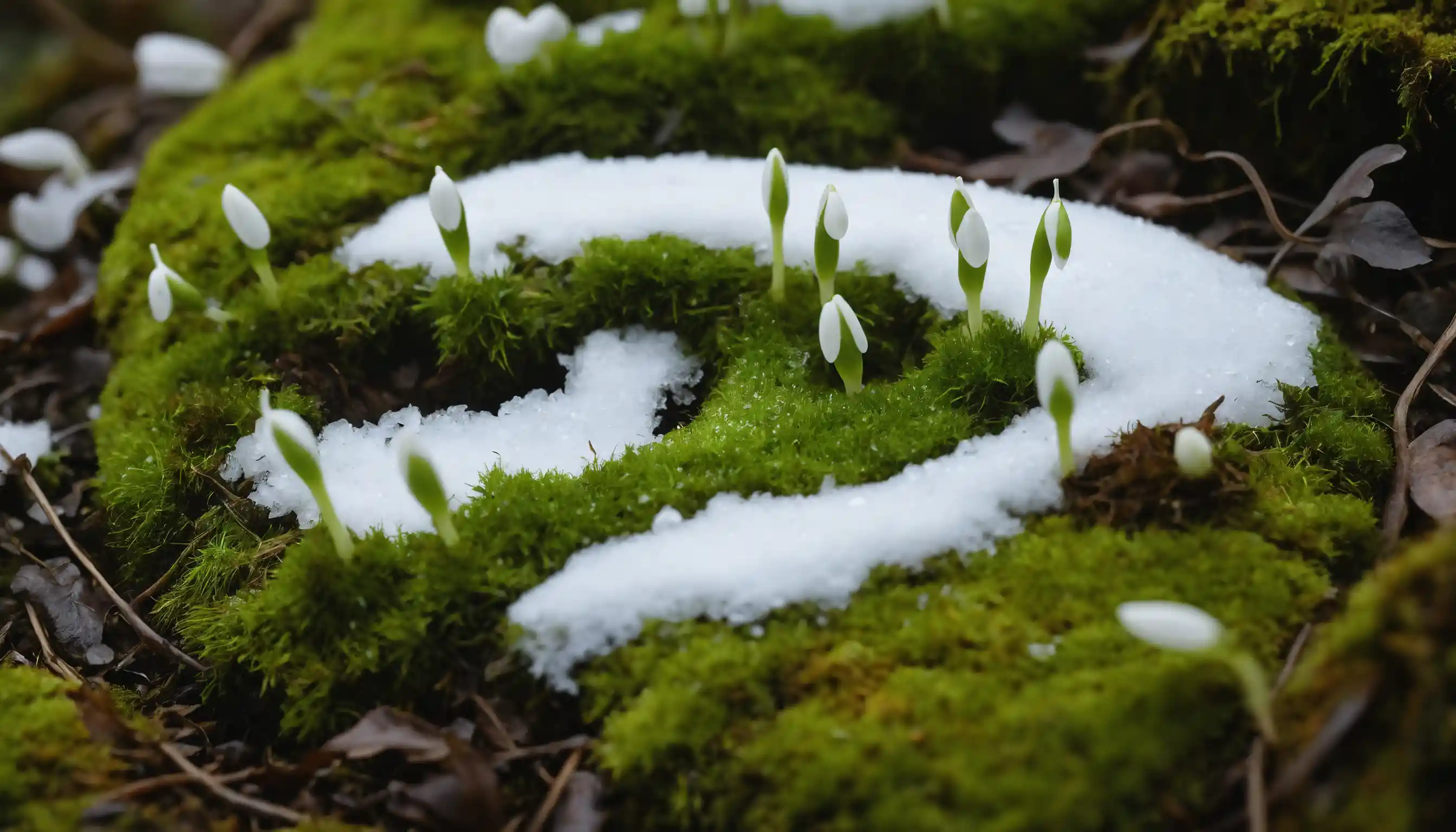 Green moss spring lettering with snowdrops in melting snow