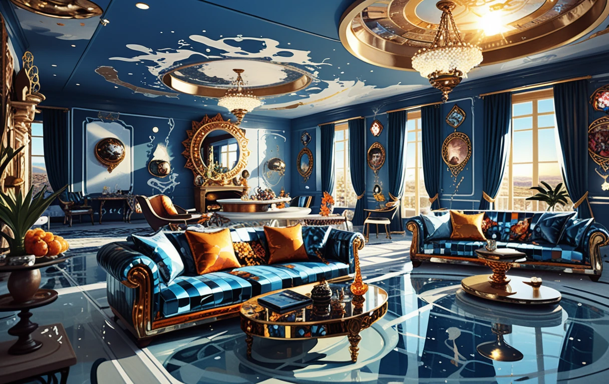 Interno di villa fantasy dark massimalista con lounge aperta
