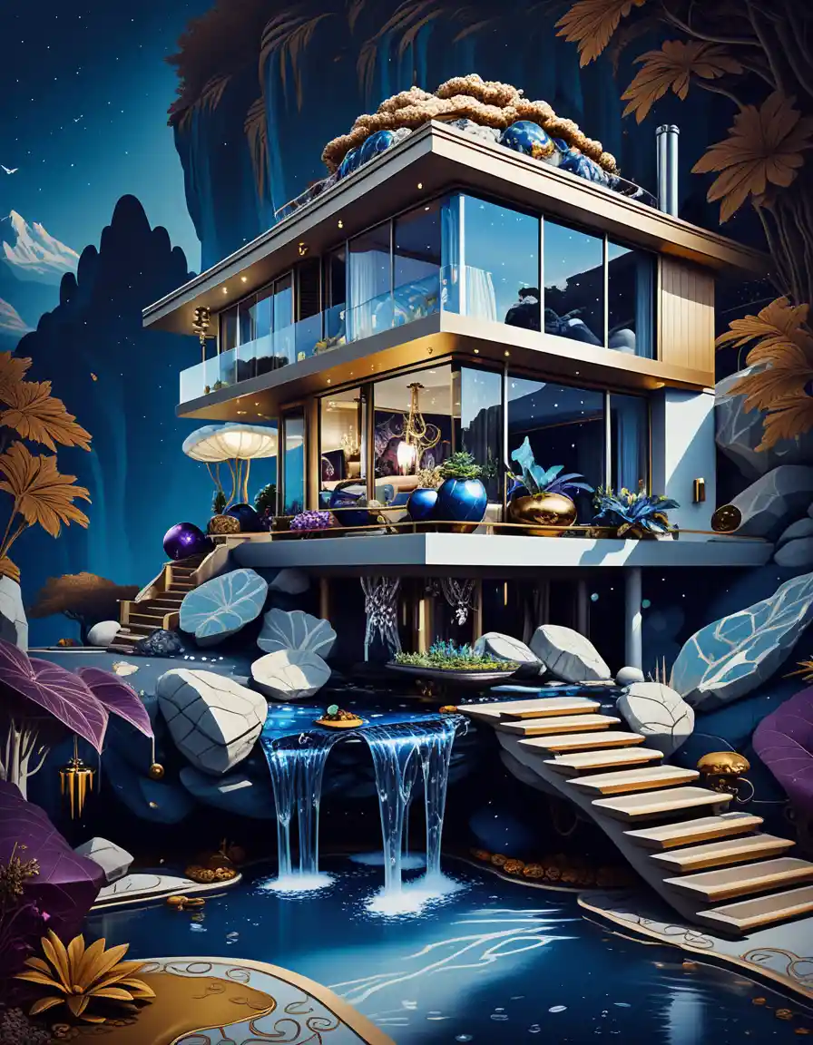 Luxurious stone cave house in a serene fantasy mountain landscape
