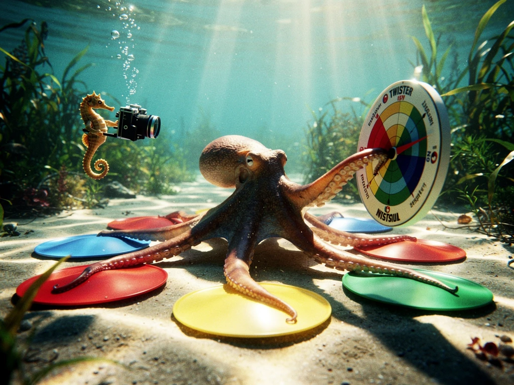 Oktopus spielt Twister auf bunten Muscheln unter Wasser