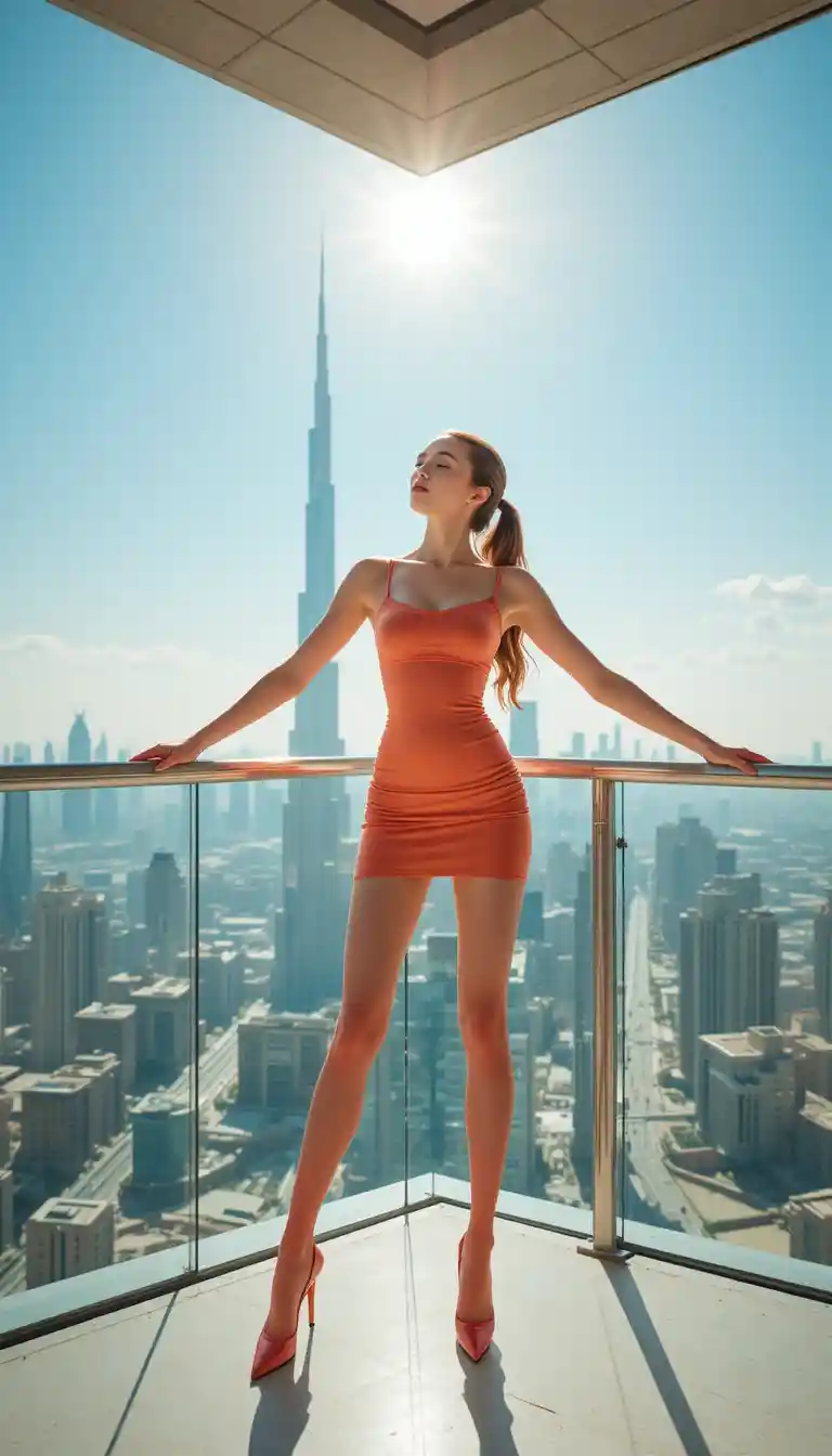 Woman in coral dress on sunlit Dubai balcony