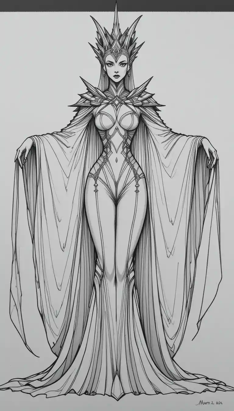 Regale regina fantasy con mantello svolazzante in line art