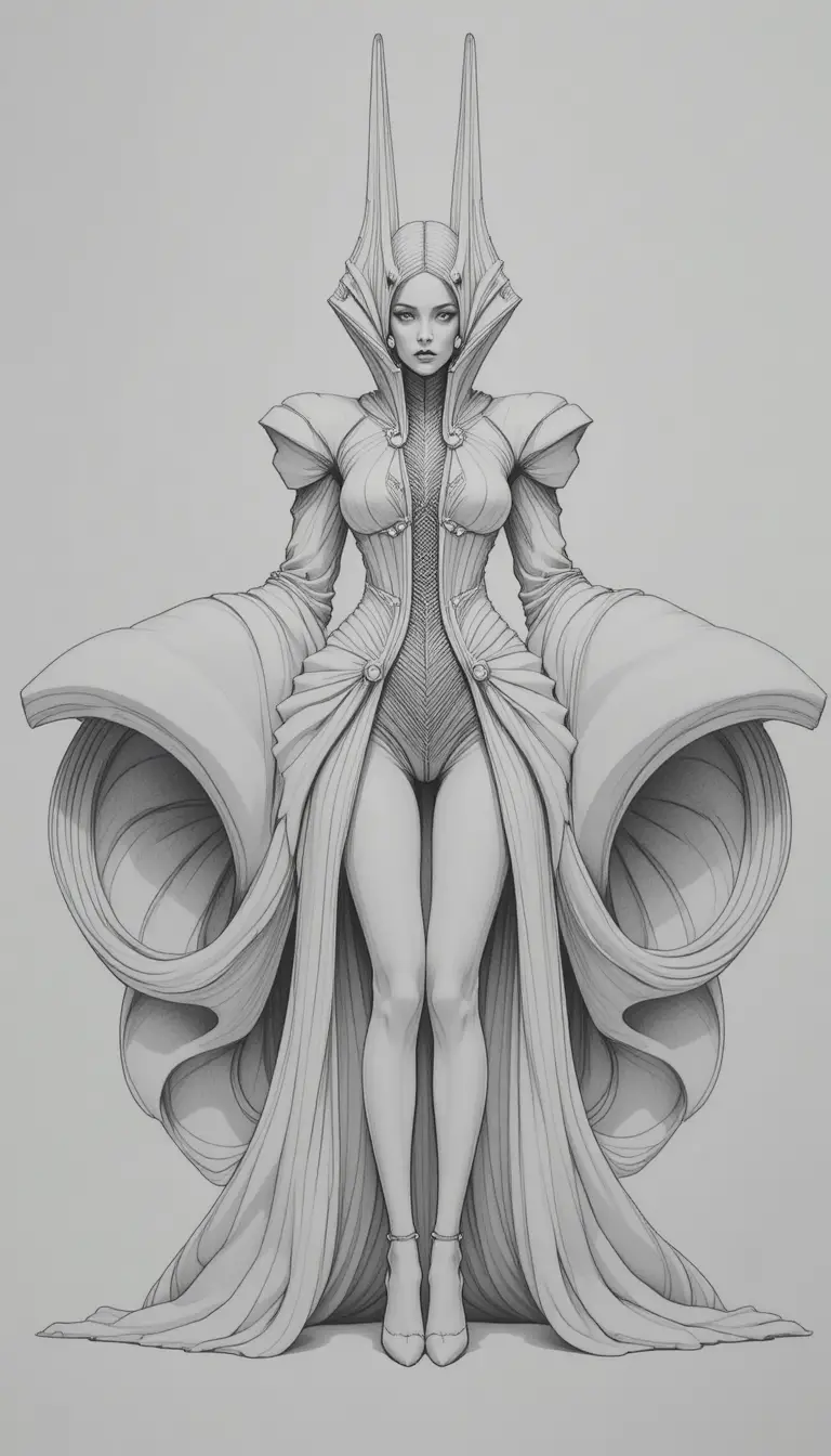 Figura de moda vanguardista com traje escultural e simétrico