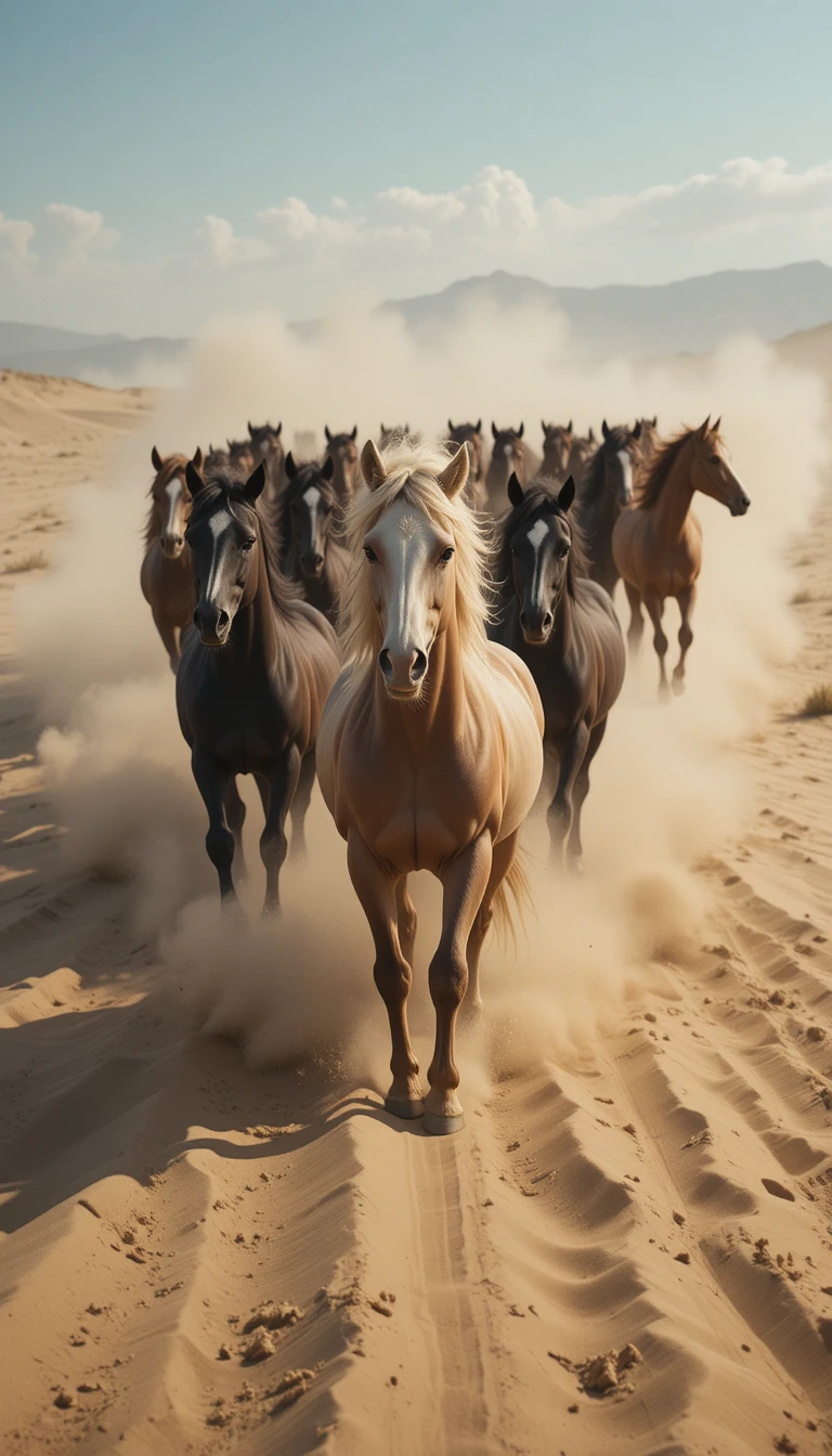 Galloping horses racing together across open desert sand