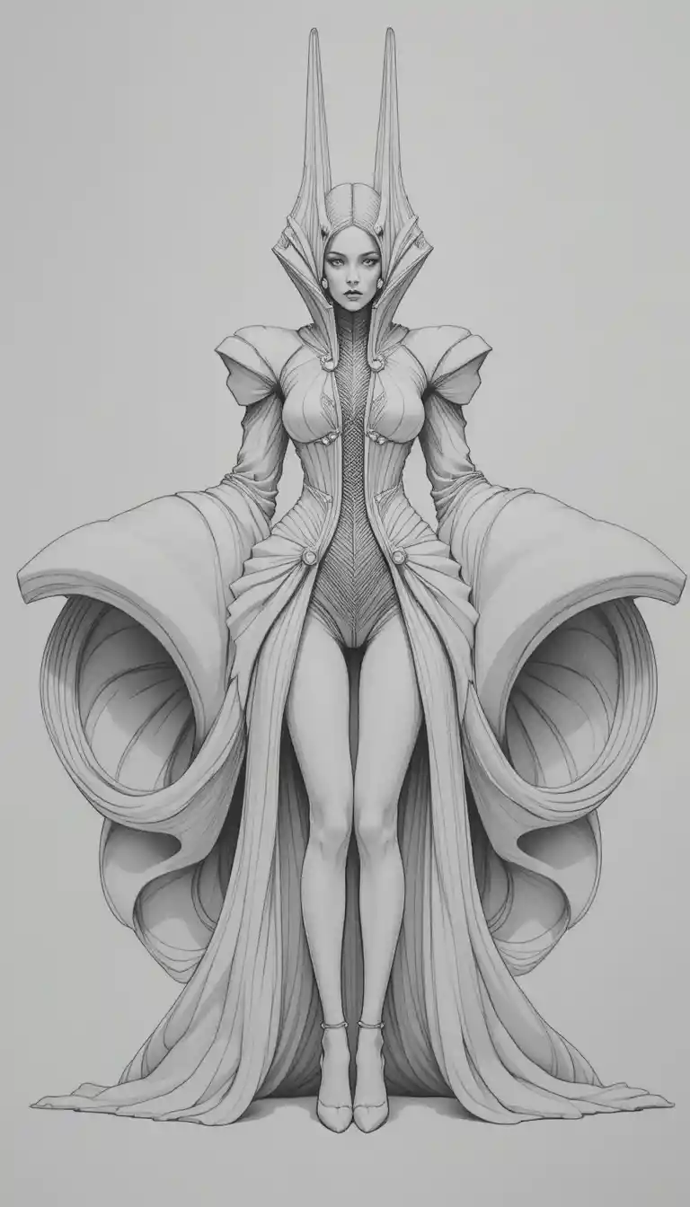 Figura de moda vanguardista com traje escultural e simétrico